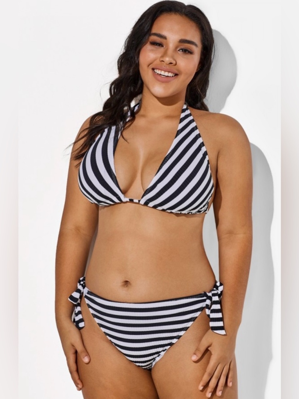 Meet Curve Black White Striped Triangle Tie Bikini Set Resort Swim Vacation Swim